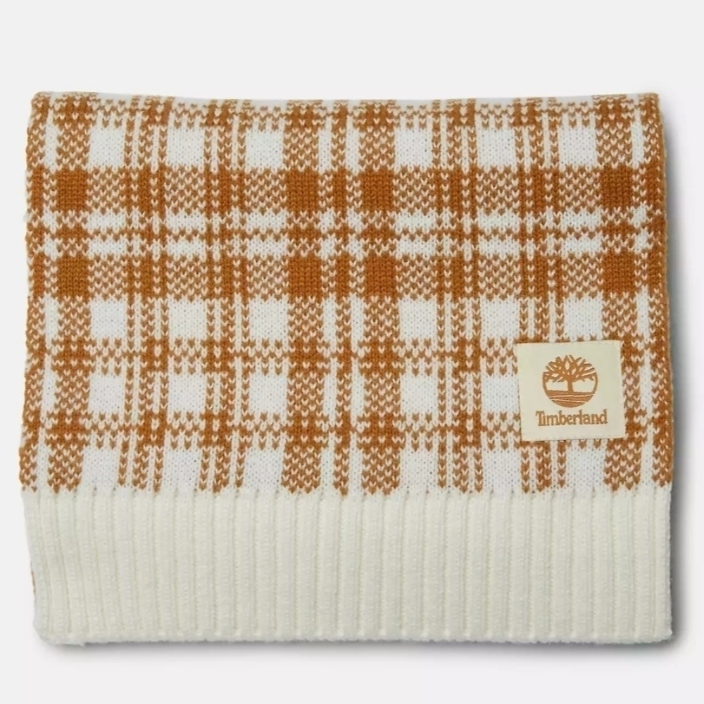 Timberland Wheat Mustard Yellow White Plaid Knit Acrylic Scarf Unisex - Picture 4 of 12
